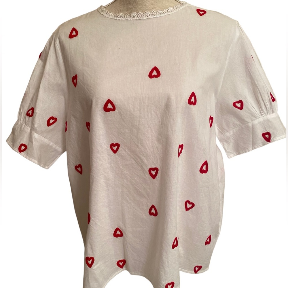GABBY ISABELLA White Cotton Heart Felt Stitch SS Lace Collar Blouse Medium NEW